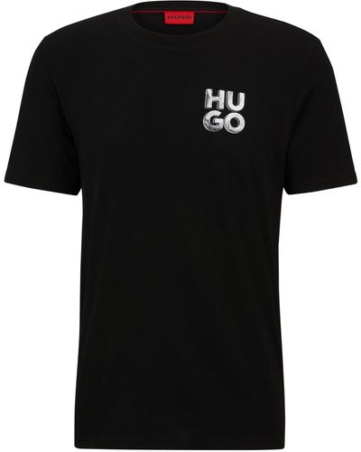 HUGO Camiseta de punto de algodón con logo reflectante decorativo - Negro