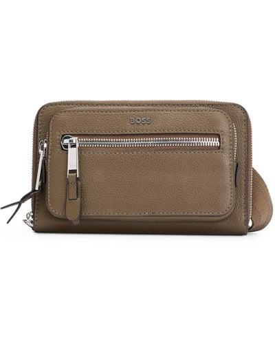 BOSS Crossbody Bag In Grained Leather With Logo Lettering - Brown