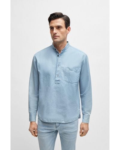 BOSS Regular-fit Popover Shirt In Cotton And Linen - Blue