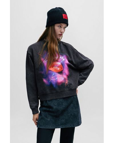 HUGO Oversized-fit Sweatshirt In French Terry With Seasonal Artwork - Black