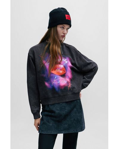 HUGO Sweat Oversized Fit en molleton à motif artistique de la saison - Noir