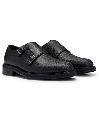 BOSS Grained-leather Monk Shoes With Double Strap - Black