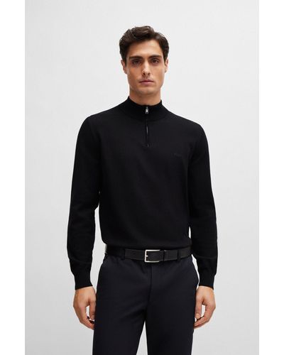 BOSS Logo-embroidered Zip-neck Jumper In Cotton Jersey - Black