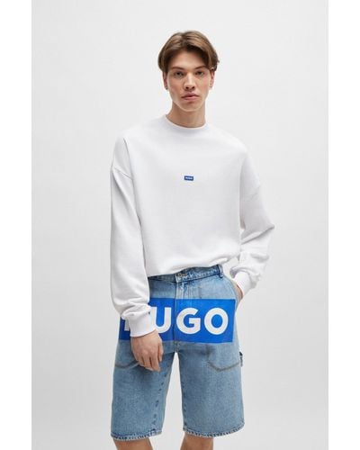 HUGO Cotton-terry Sweatshirt With Blue Logo Label - White