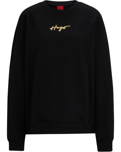 HUGO Relaxed-fit Sweater Met Handgeschreven Logo In Metallic-look - Zwart