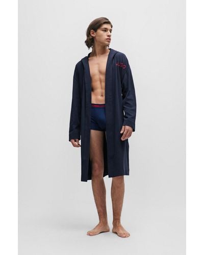HUGO Dressing Gown In Cotton Jersey With Logo Print - Blue