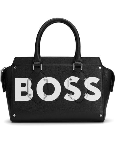 BOSS Leather Tote Bag With Contrast Logo - Black