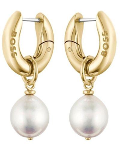 BOSS Gold-tone Branded Earrings With Removable Pearls - Metallic