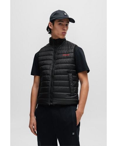 HUGO Water-repellent Padded Gilet With Contrast Logo - Black