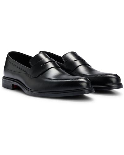 HUGO Leather Loafers With Penny Trim And Rubber Sole - Black
