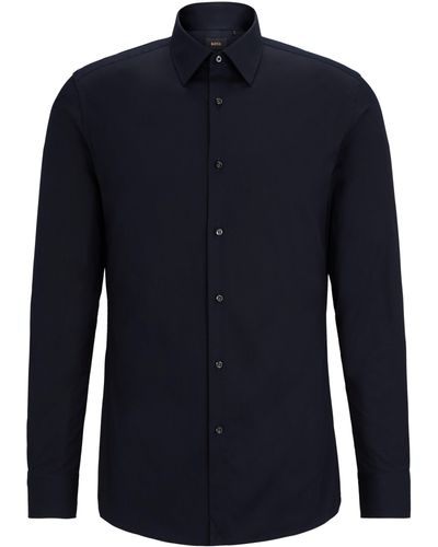 BOSS Slim-Fit Hemd aus elastischem Baumwoll-Mix mit Popeline-Webstruktur - Blau