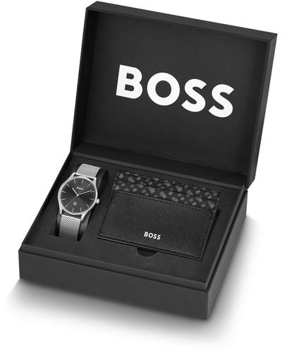 BOSS Gift-boxed Watch And Card Holder With Logo Details - Black