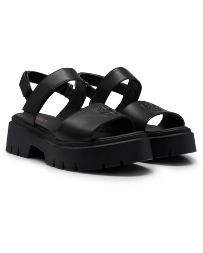 HUGO Leather Sandals With Stacked Logo - Black
