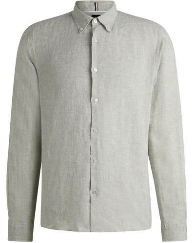 BOSS Regular-Fit Hemd aus Leinen mit Button-Down-Kragen - Grau
