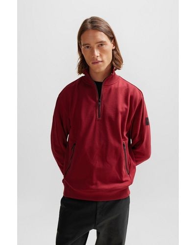 BOSS Cotton-terry Zip-neck Sweatshirt With Logo Patch - Red