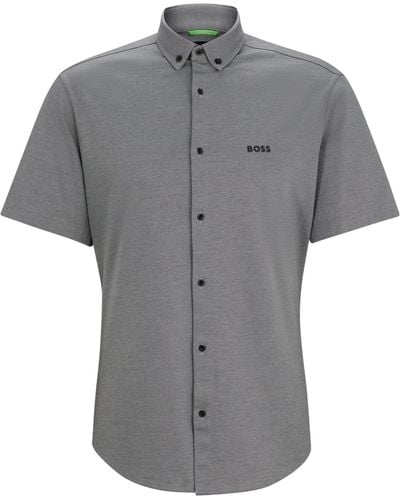 BOSS Regular-fit Jersey Overhemd Van Katoenpiqué - Grijs