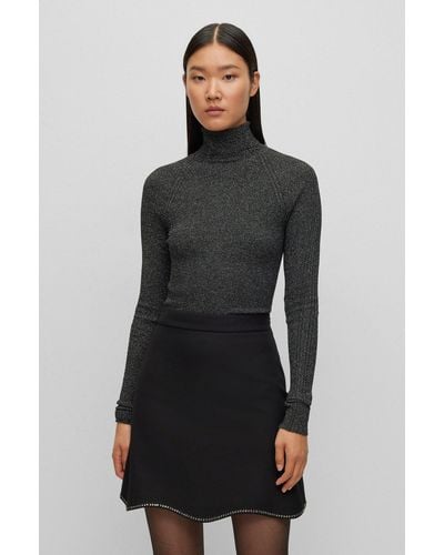 BOSS Ribbed Sweater In Metallised Fabric With Mock Neckline - Black