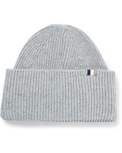 BOSS Ribbed Beanie Hat With Signature-stripe Flag - Grey