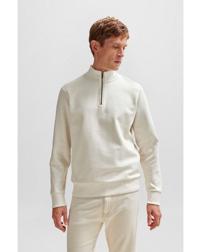 BOSS Zip-neck Sweatshirt In Stretch-cotton Jacquard - White