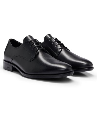 BOSS Derby Shoes In Leather With Emed Logo - Black
