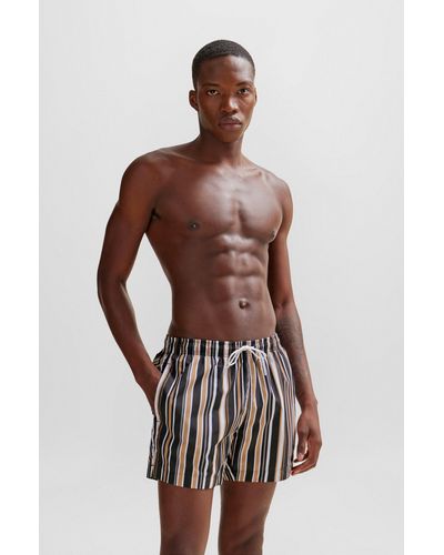 BOSS Fully Lined Swim Shorts In Striped Quick-dry Fabric - Brown