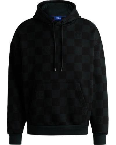 HUGO Loose-fit Hoodie In Cotton Terry With Checkerboard Print - Black