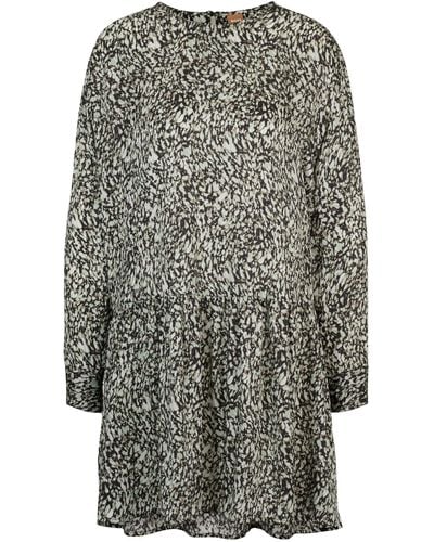 BOSS Bedrucktes Langarm-Kleid aus Canvas mit Volant-Saum - Grau