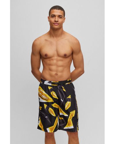 BOSS Quick-drying Swim Shorts In Seasonal-print Recycled Fabric - Yellow