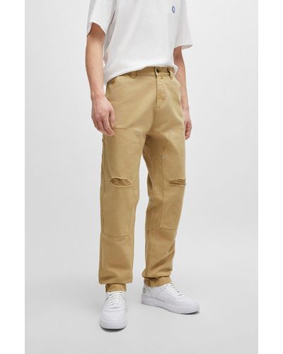 HUGO Cotton-canvas Trousers With Distressed Details - Natural