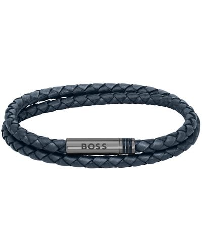 BOSS by HUGO BOSS Dubbelgewikkelde Armband Van Blauw Gevlochten Leer
