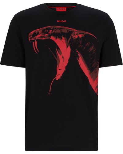 HUGO T-shirt Regular en jersey de coton avec motif animalier graphique - Noir