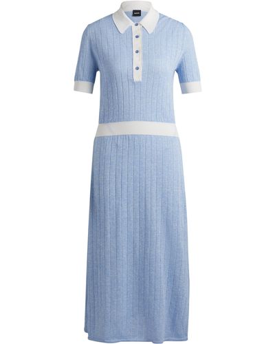 BOSS Kleid aus Leinen-Mix mit Knopfleiste - Blau