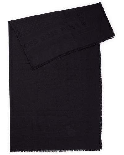 BOSS Square Scarf In Silk And Wool With Logo Details - Black