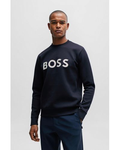 BOSS Sweat en coton mélangé avec logo imprimé en relief - Bleu