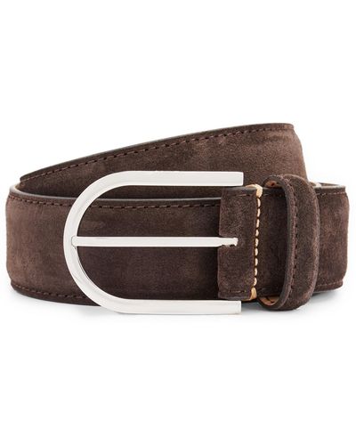 BOSS Italian-suede Belt With Rounded Brass Buckle - Brown