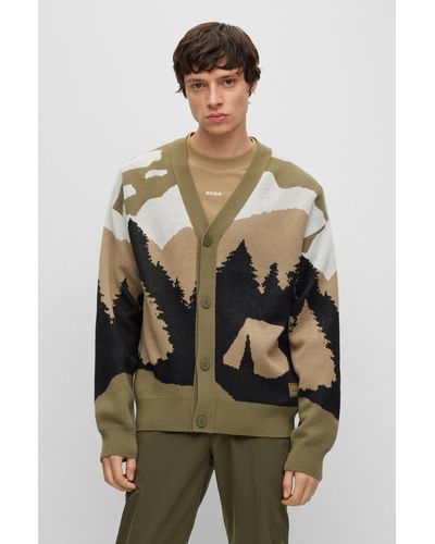 HUGO Oversized-fit Cardigan With Camping-inspired Artwork - Green