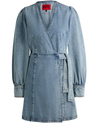 HUGO Ocean-blue Wrap Dress In Rigid Denim