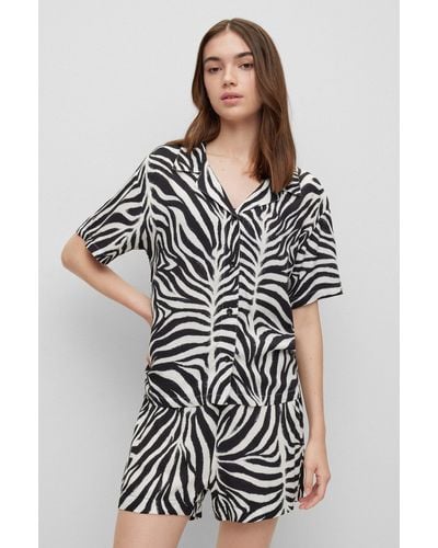 HUGO Relaxed-fit Pyjama Shirt In Zebra-print Gabardine - Black