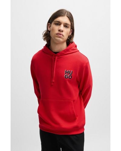 HUGO Cotton-terry Hoodie With Stacked Logo Print - Red