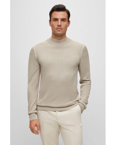 BOSS Mock-neck Sweater In Knitted Silk - Natural