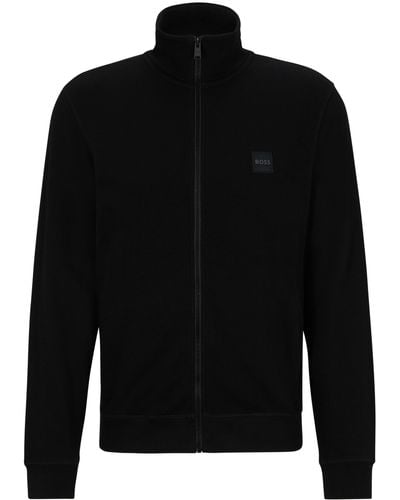 BOSS Jacke aus Baumwoll-Terry mit Reißverschluss und Logo-Aufnäher - Schwarz