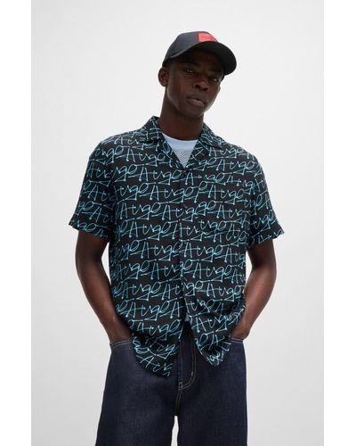 HUGO Relaxed-fit Short-sleeved Shirt With Seasonal Print - Blue