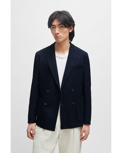 BOSS Slim-fit Jacket In Micro-patterned Cotton - Blue