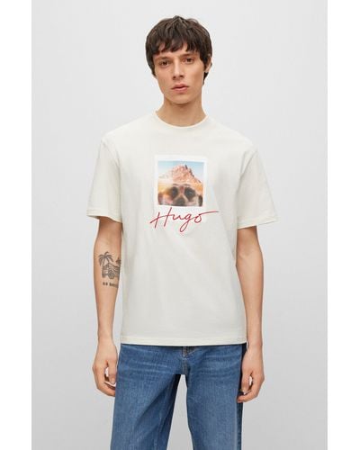 HUGO Cotton-jersey T-shirt With Animal Print And Logo - White