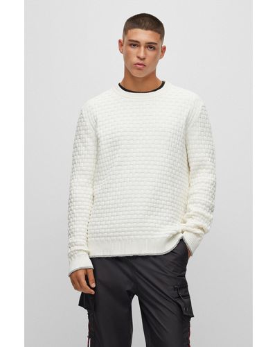 BOSS by HUGO BOSS Crew-neck Jumper In Cotton With Woven Structure - White