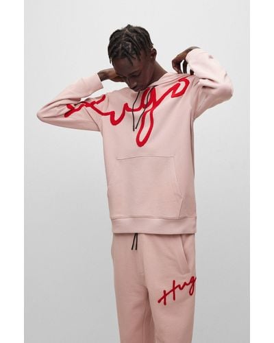 HUGO Cotton-terry Hoodie With Oversized Logo Embroidery - Pink