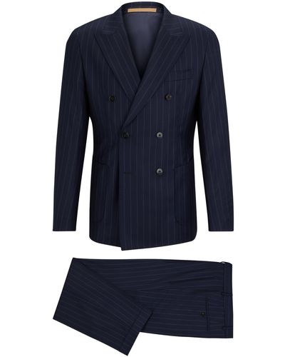 BOSS by HUGO BOSS Double-breasted Slim-fit Suit In Striped Responsible Wool - Blue