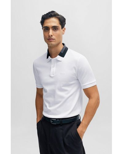BOSS Interlock-cotton Slim-fit Polo Shirt With Colour-blocked Collar - White