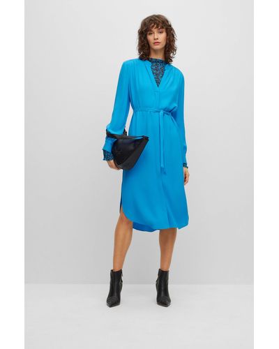 BOSS Belted Dress With Collarless V Neckline And Button Cuffs - Blue