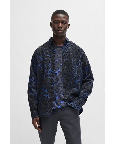 BOSS Relaxed-fit Shirt In Leopard-print Cotton Twill - Blue